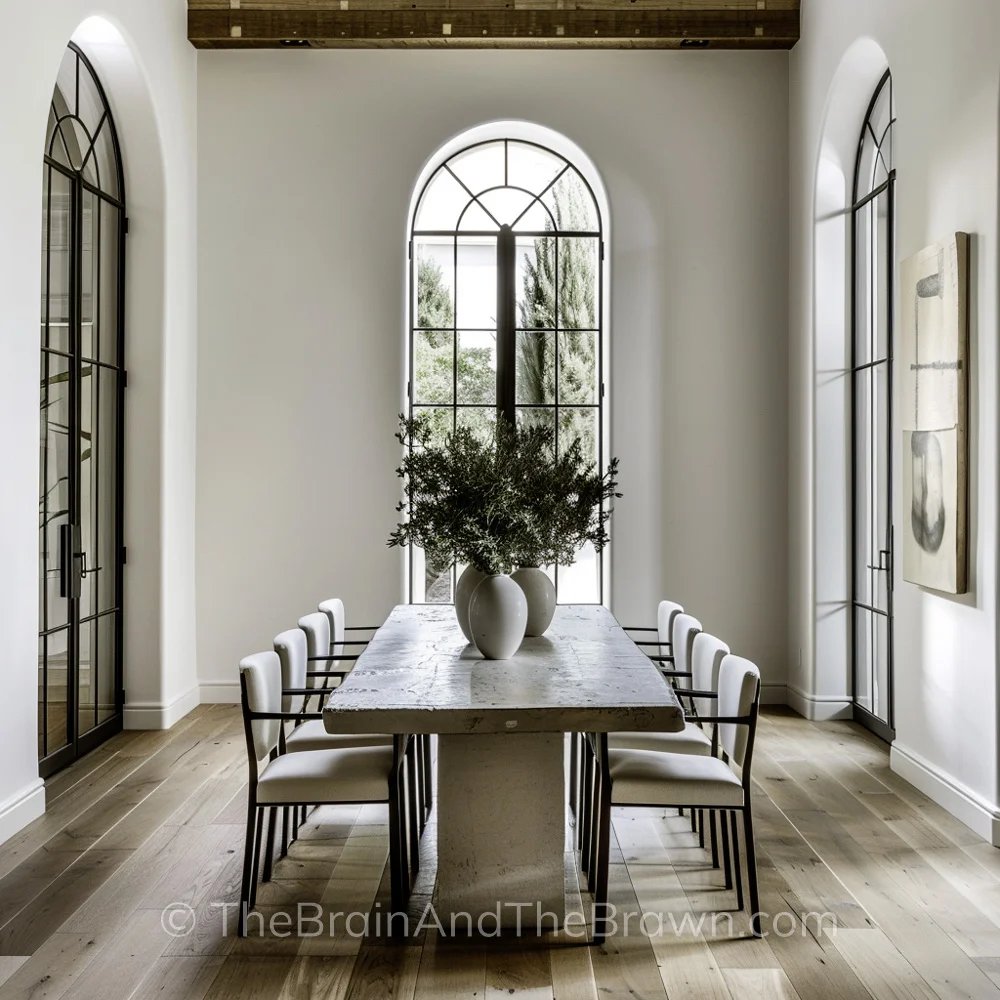 Dining room idea with large, rectangular plaster dining table and large vases with greenery on top of the table. Upholstered chairs are on either side of the table with hardwood floors and multiple sets of black French doors. 