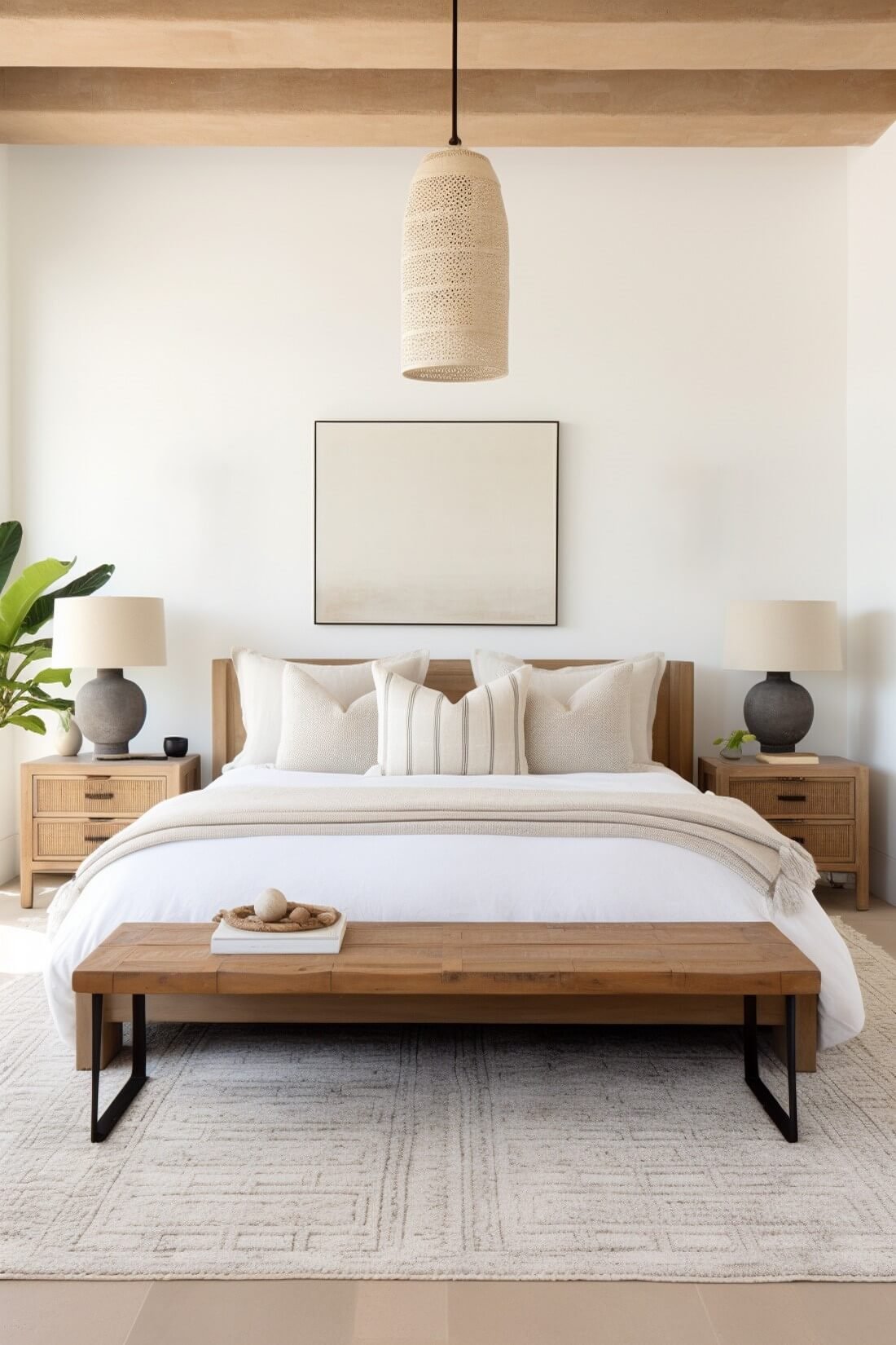 bedroom with king bed and large 9x12 area rug underneath, neutral colors