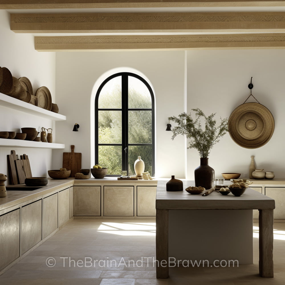 A kitchen with cream colored cabinets, white walls, a large black window and wooden ceiling beams