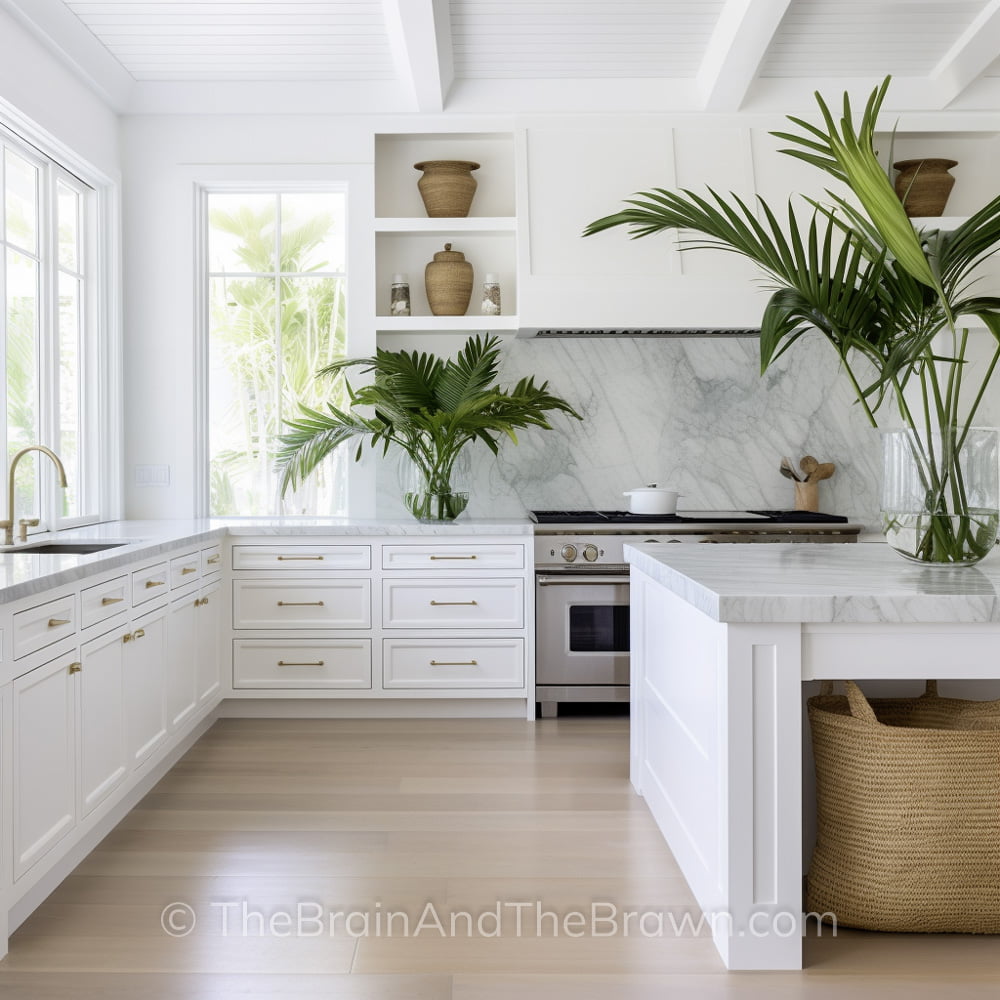 A kitchen with marble countertops and backsplash, off-white drawers and cabinets color, hardwood floors and brass hardware