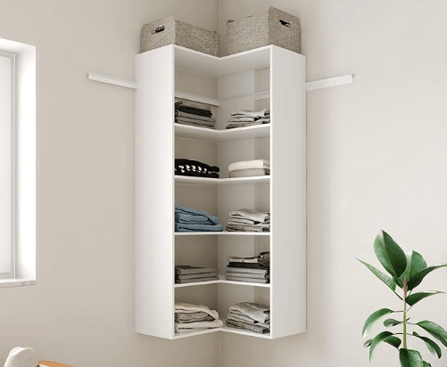 white corner shelf unit in closet