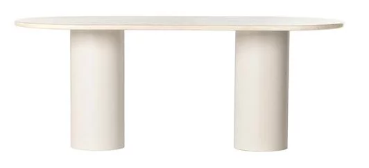 A dining table design option with a white, oval plaster dining table and double round table base