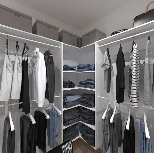 corner shelf in white closet with folded clothes on shelves, hanging rods, and upper shelves with storage boxes