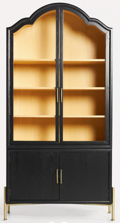 A black cabinet with glass doors and wood interior 