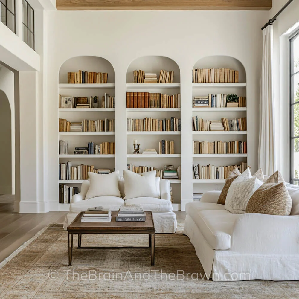 Built-in arched floor to ceiling bookshelves are on the back wall of a living room with two cozy sofas sitting in front 