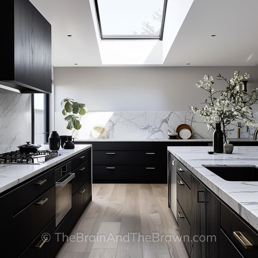 A kitchen with black cabinets, white countertops with matching backsplash 