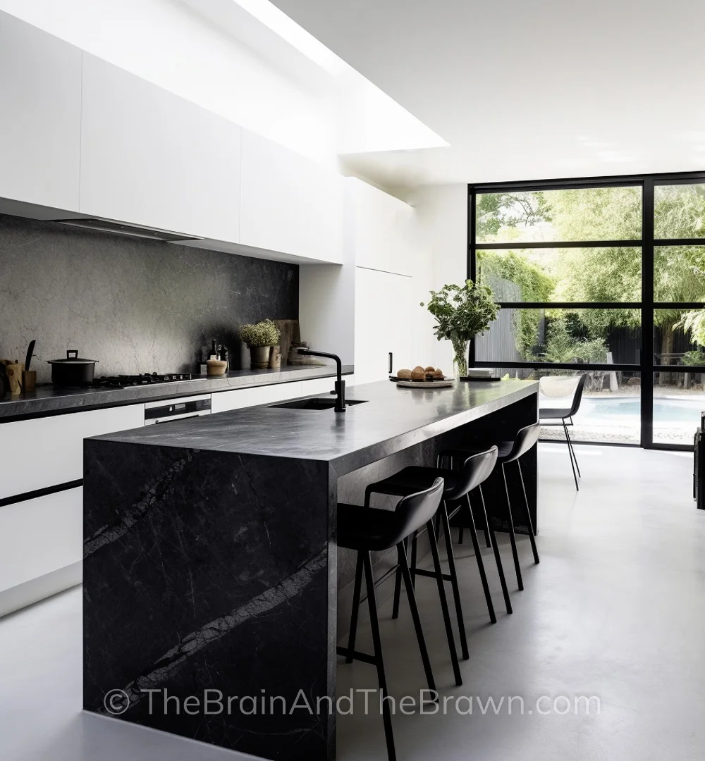 A modern kitchen with a black solid surface backsplash and a black solid surface island with white kitchen cabinets