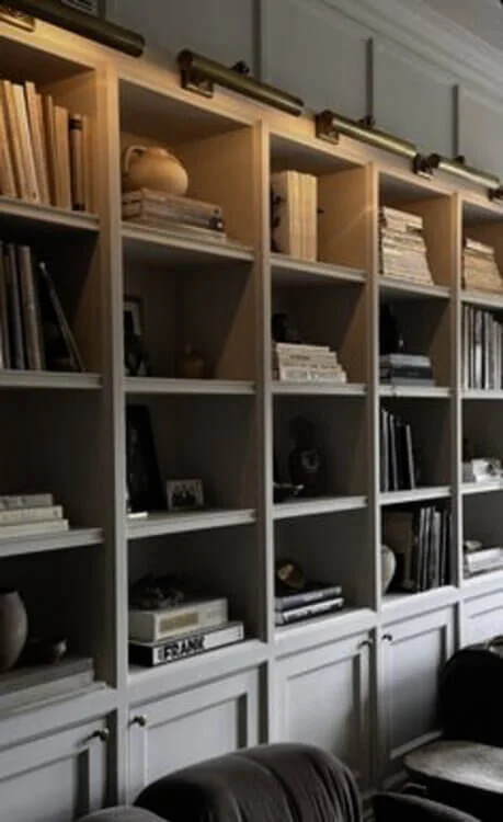 DIY floor to ceiling bookshelf idea with library lights above the shelves