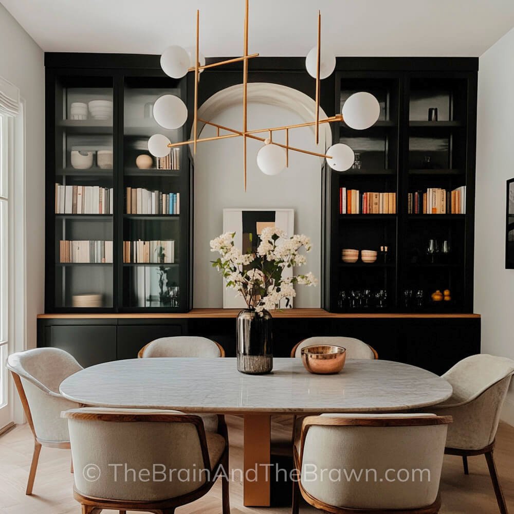 A dining room with black built in cabinets 