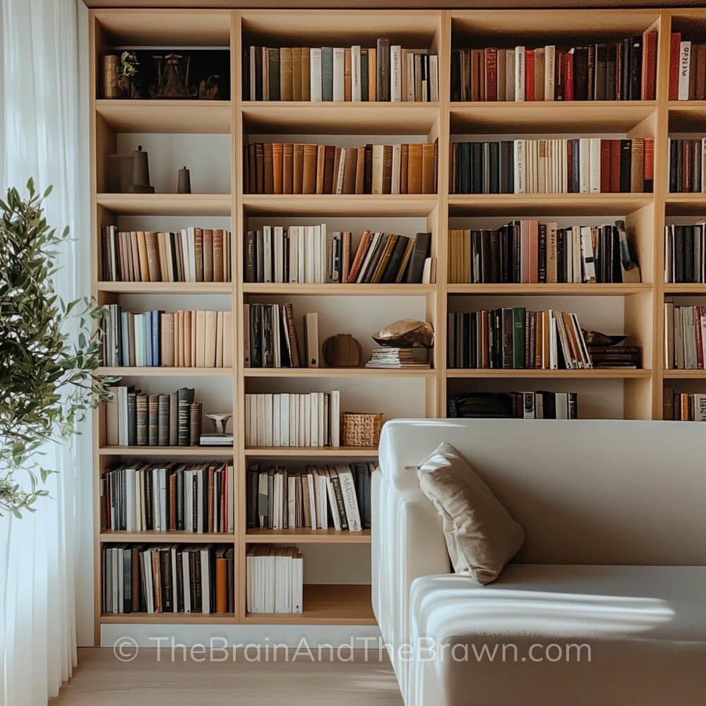 Wooden DIY floor to ceiling bookshelves filled with books