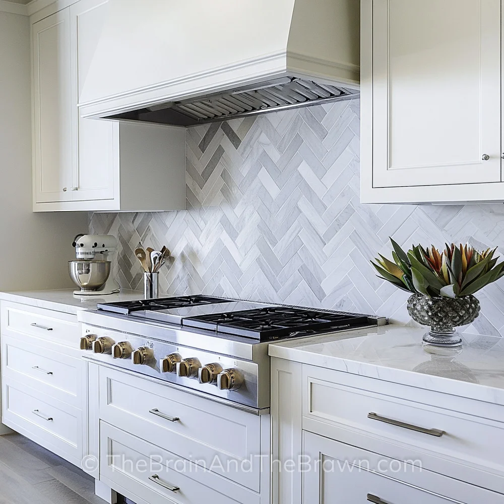 White kitchen backsplash in a chevron pattern with white cabinets and white quartz countertops