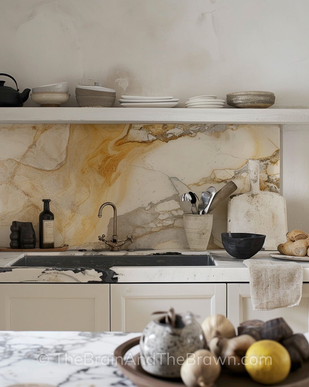 Kitchen with heavy veined marble backsplash, white kitchen shelf above the backsplash and white kitchen cabinets