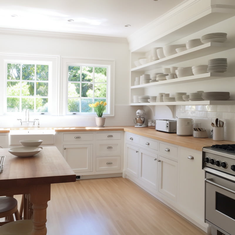 A white farmhouse kitchen with white subway tile, butcherblock countertops, hardwood floors and white shelves