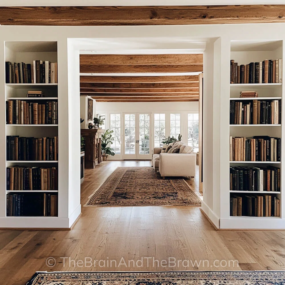 Built-in bookshelves are on either side of a doorway that leads into a living room