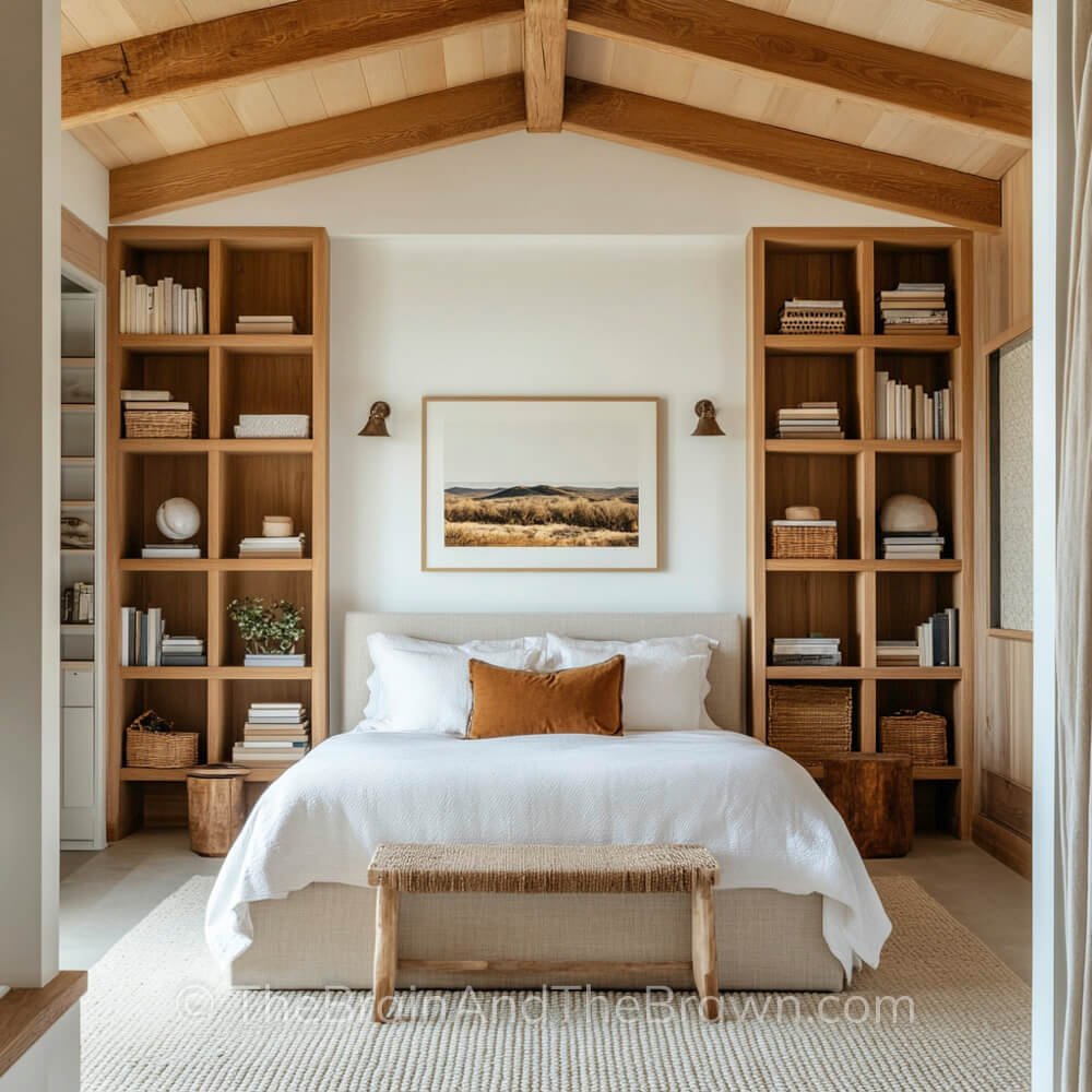 A bedroom with modern floor to ceiling bookshelves on either side of the bed and a large piece of art above the bed