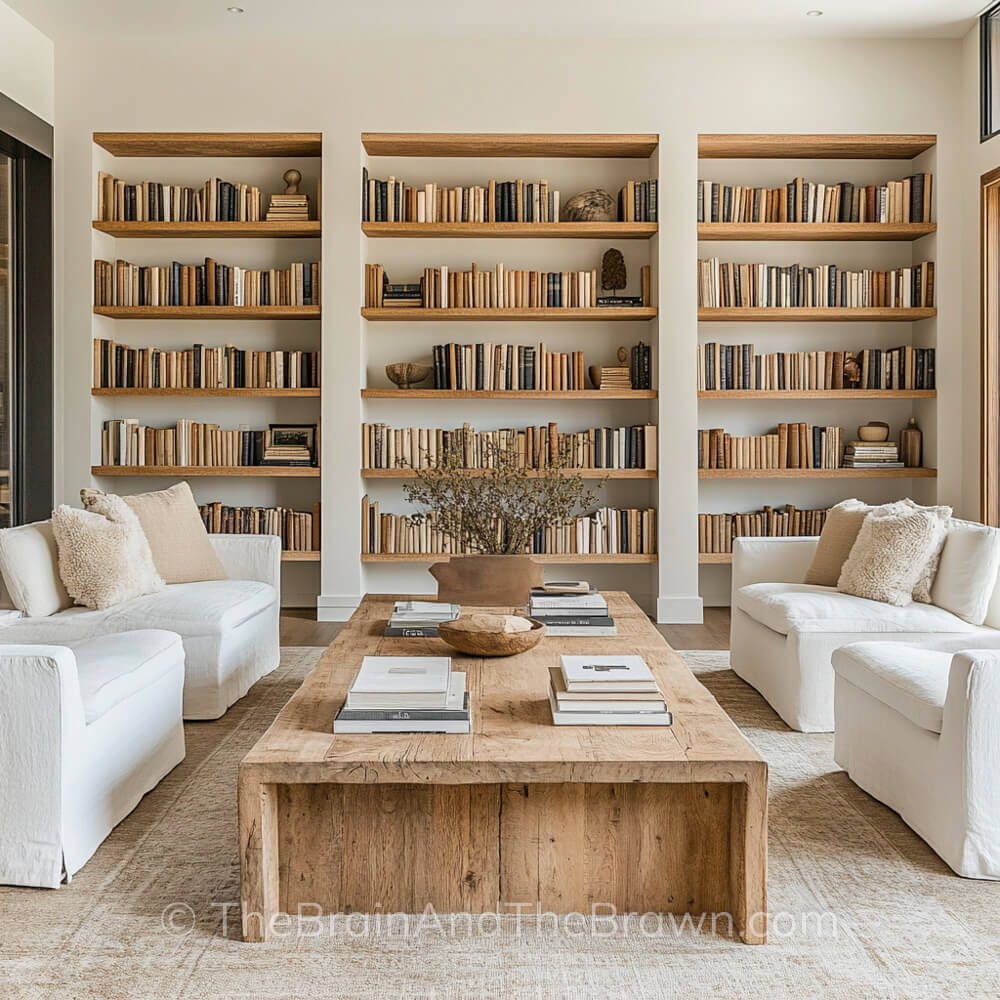 Modern DIY wooden bookshelves built into the wall