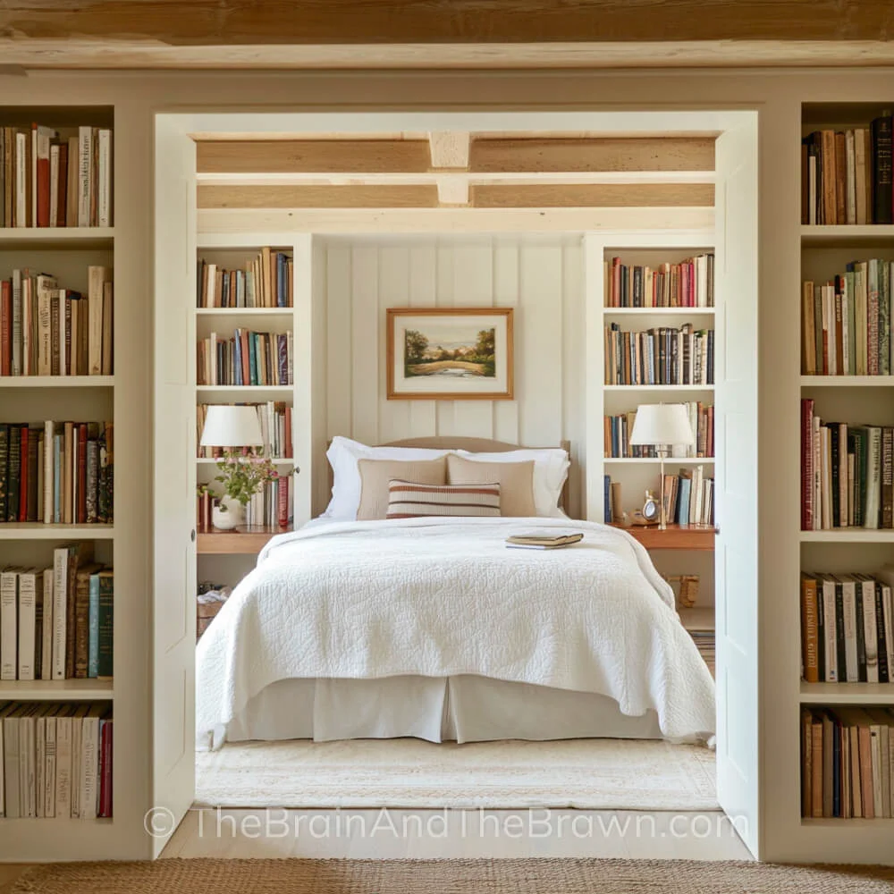 A cozy bedroom with wooden beams on the ceiling and bookcases built into either side of bed. Built-in bookshelves are also on either side of the doorway.