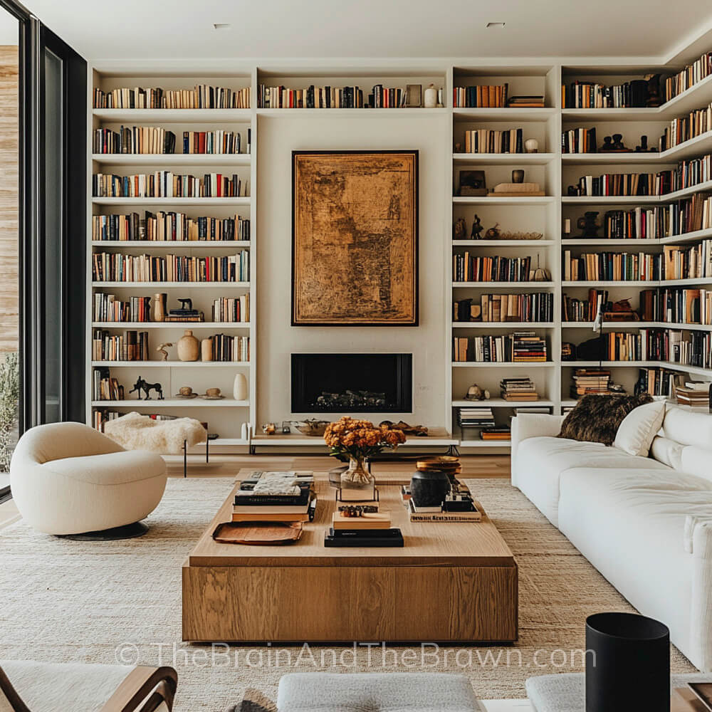 Library floor to ceiling built in bookshelves on either side of a modern fireplace