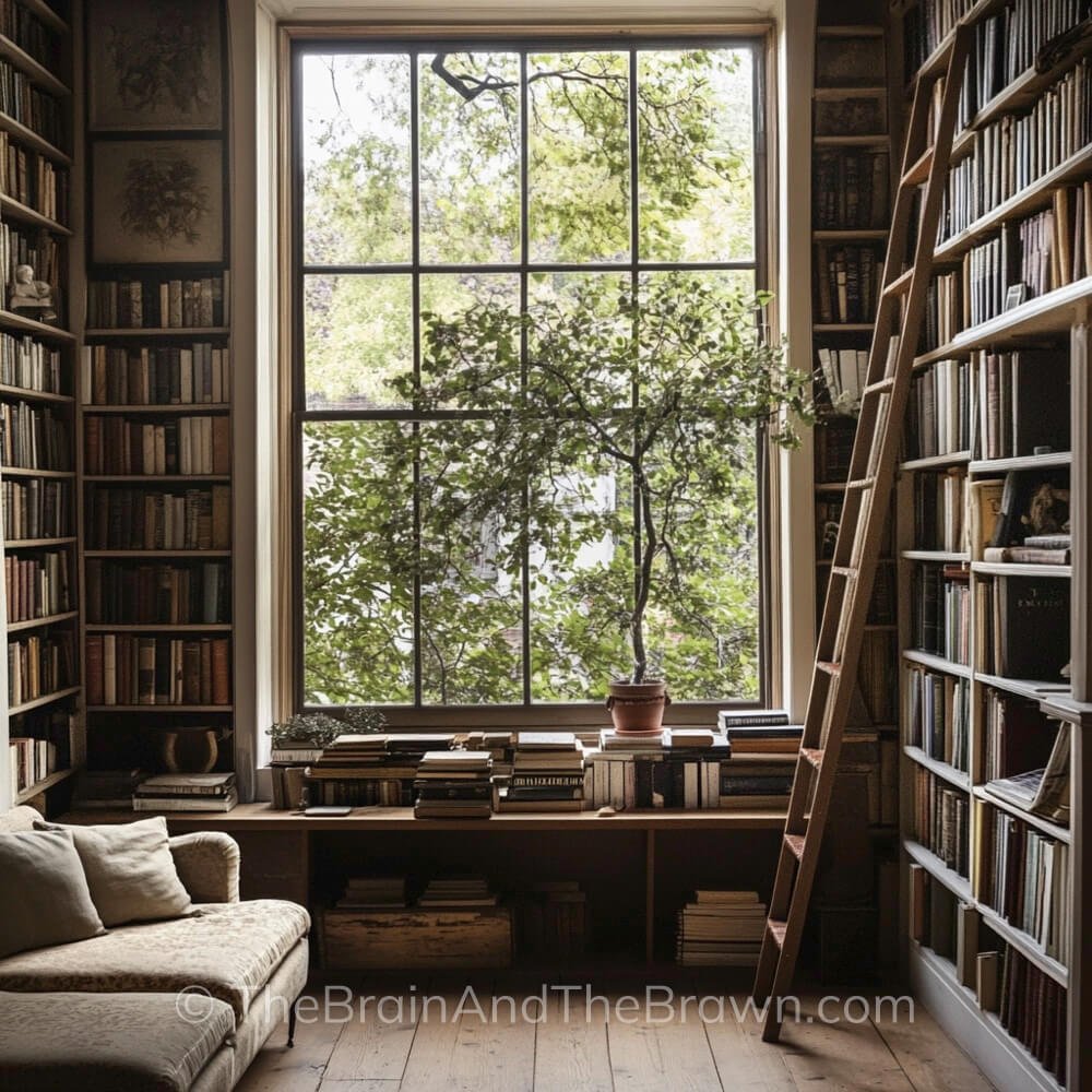 A cozy library with a large window and built in floor to ceiling bookshelves on all walls. A wooden library ladder sets against one bookcase