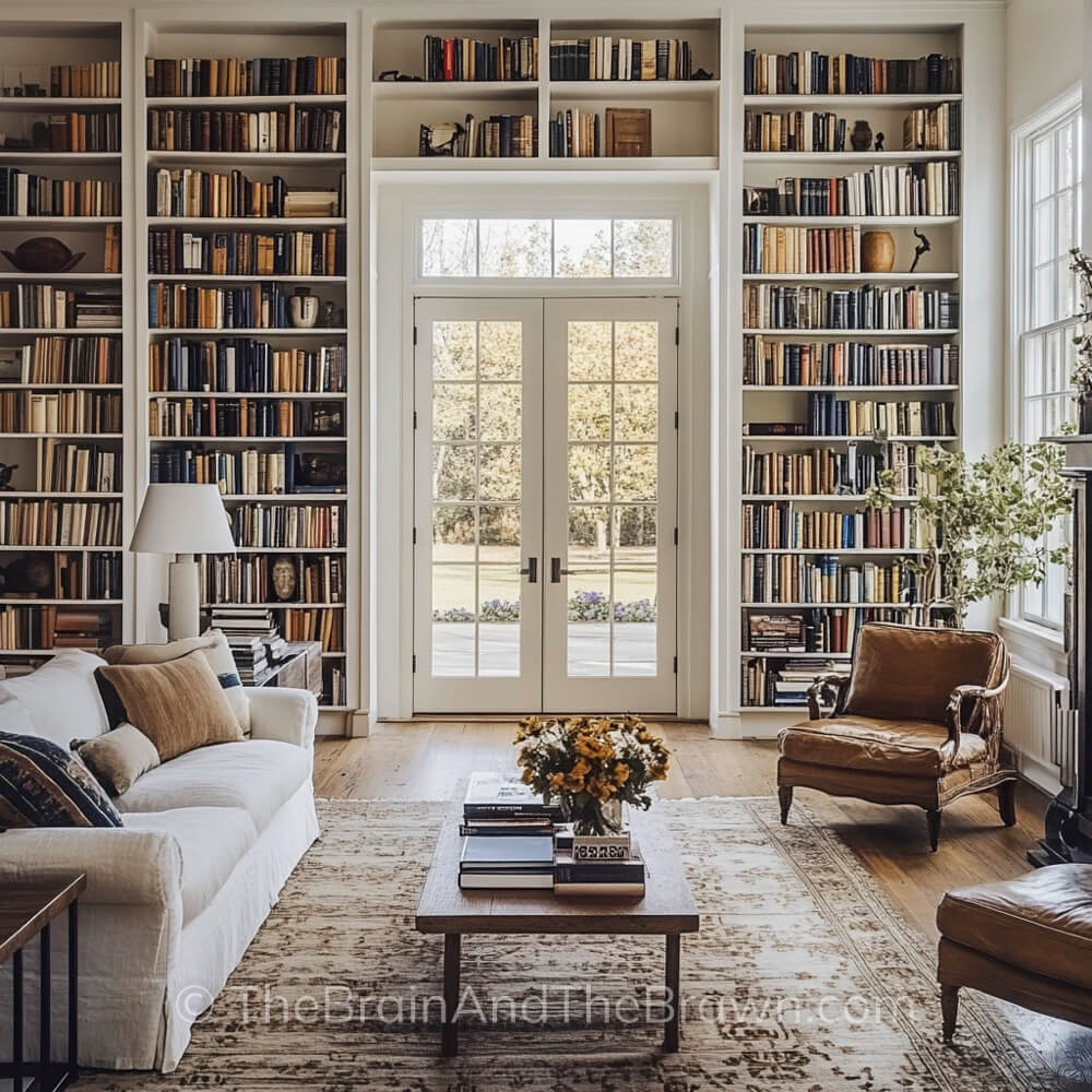 A living room with a wall of built in bookshelves surround a french door