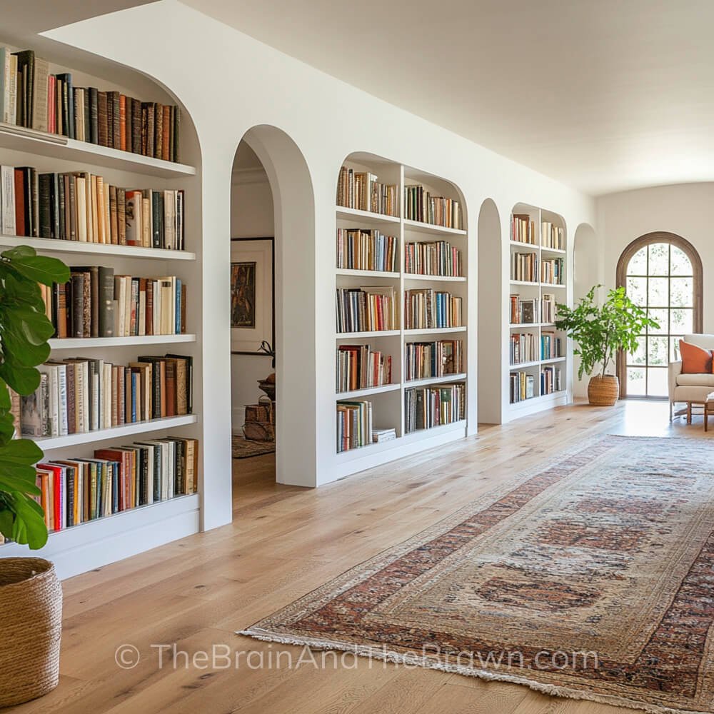 Unique curved floor to ceiling bookshelves built into the wall with doorways in between the shelves