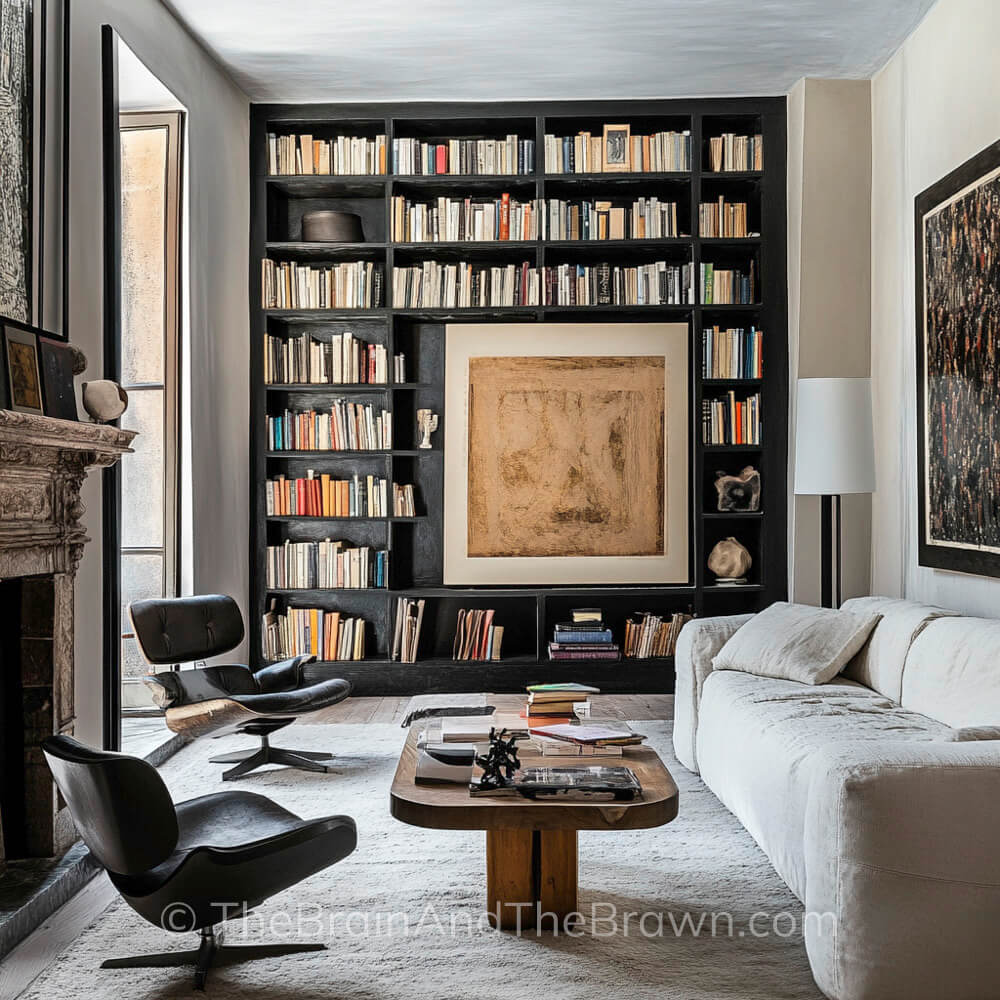 A cozy living room with black floor to ceiling bookshelves filled with books and art