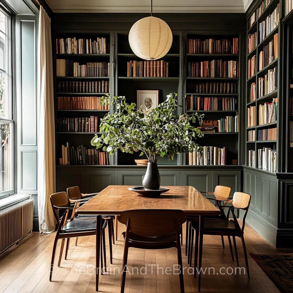 A dining room with a wooden rectangular table is surrounded by dark painted floor to ceiling bookshelves and is filled with books