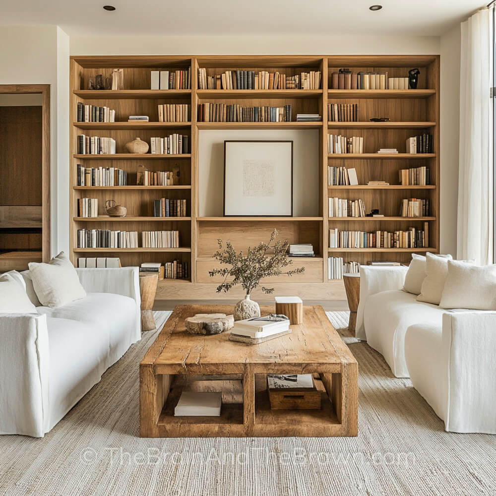 A living room with two white sofas facing each other and a large wall of wooden bookshelves