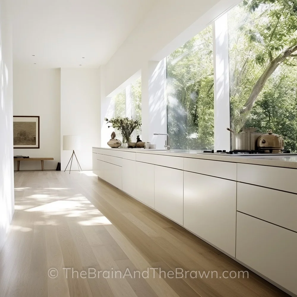 A white kitchen with large glass windows utilized as a no backsplash kitchen idea