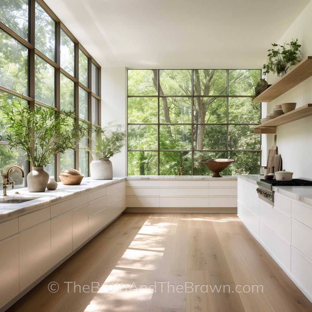 Kitchen with white cabinets, large black grid windows utilized as backsplash and hardwood floors