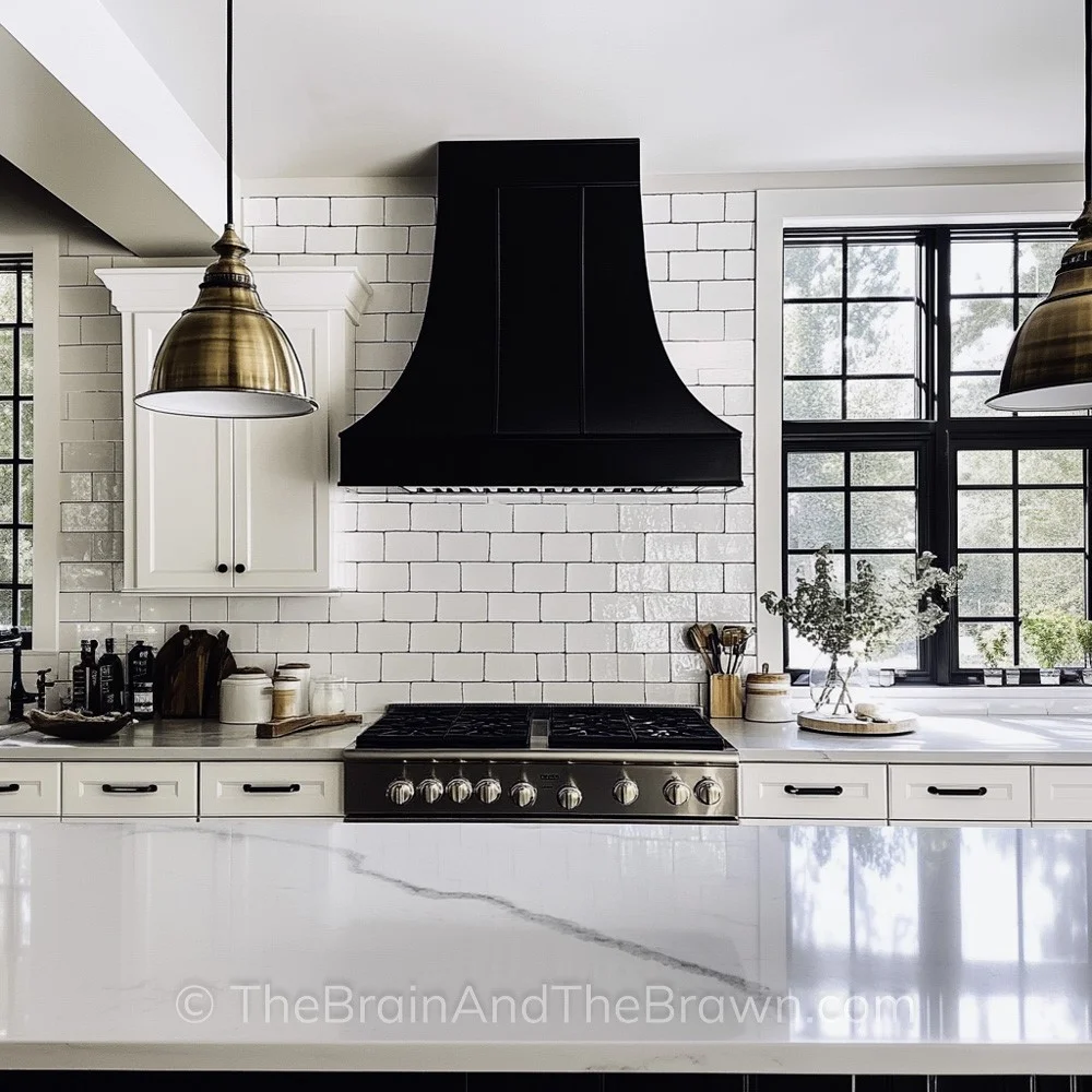 Grey grout white subway tile backsplash kitchen idea with white quartz countertops, white kitchen cabinets, black range hood and black windows