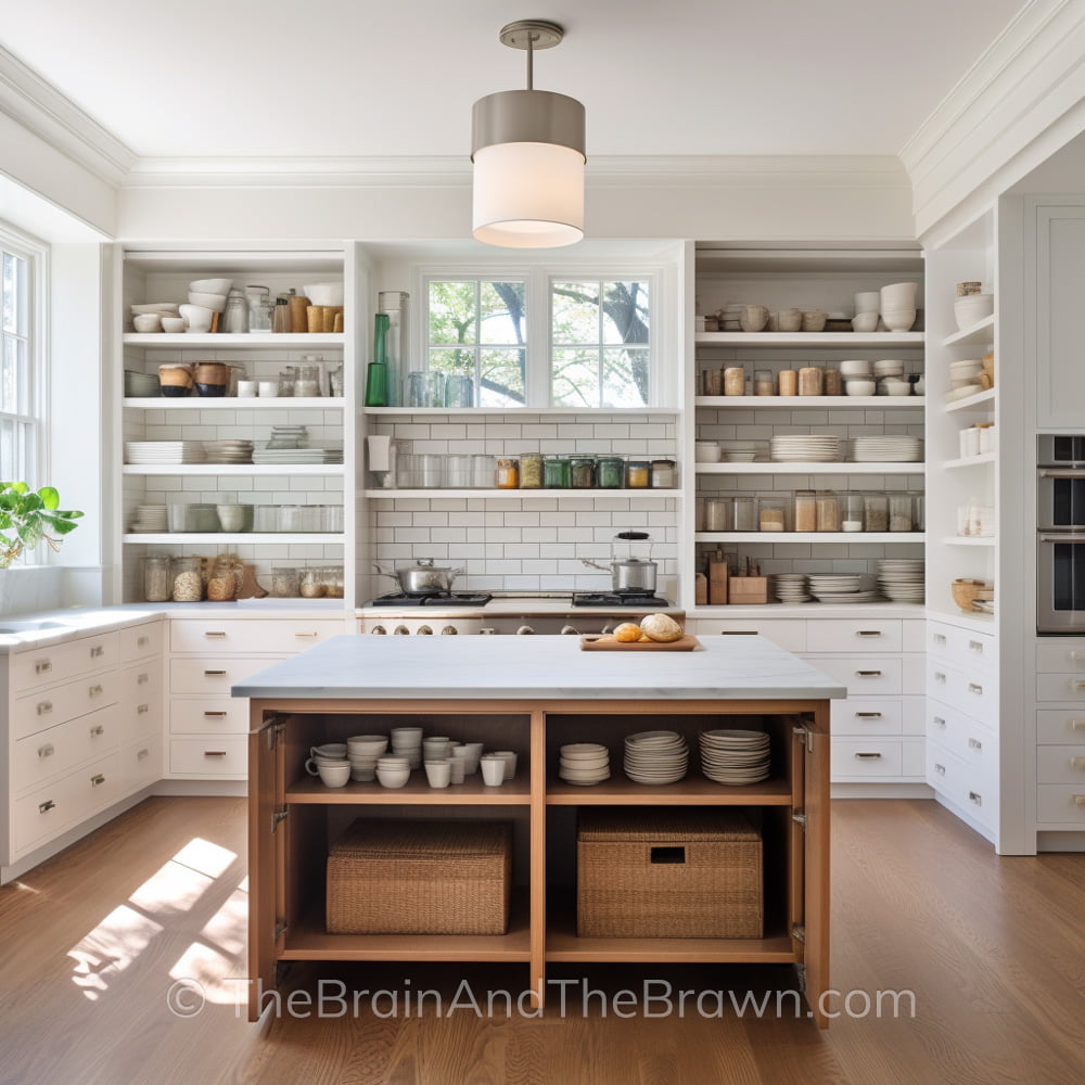 A kitchen with white cabinets, wood island, marble countertops and grey grout white subway tile backsplash