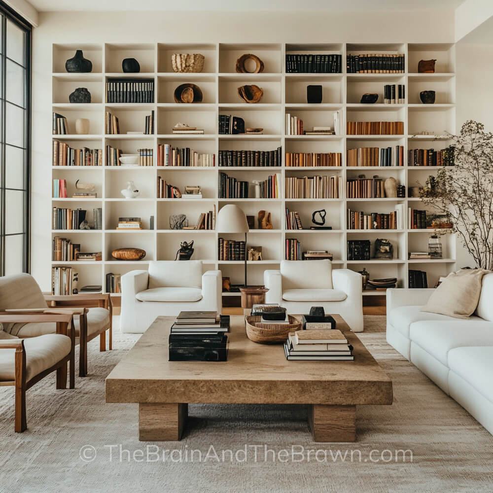 A large living room with white chairs and a sofa and a long wall of floor to ceiling bookshelves filled with books and décor