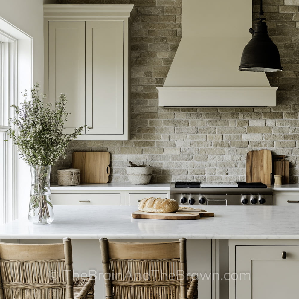 White kitchen cabinets with taupe stacked stone backsplash, white quartz countertops and black hardware