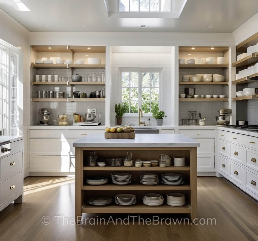 A farmhouse style kitchen with white perimeter kitchen cabinets, a wood island, marble countertops and a white subway tile backsplash