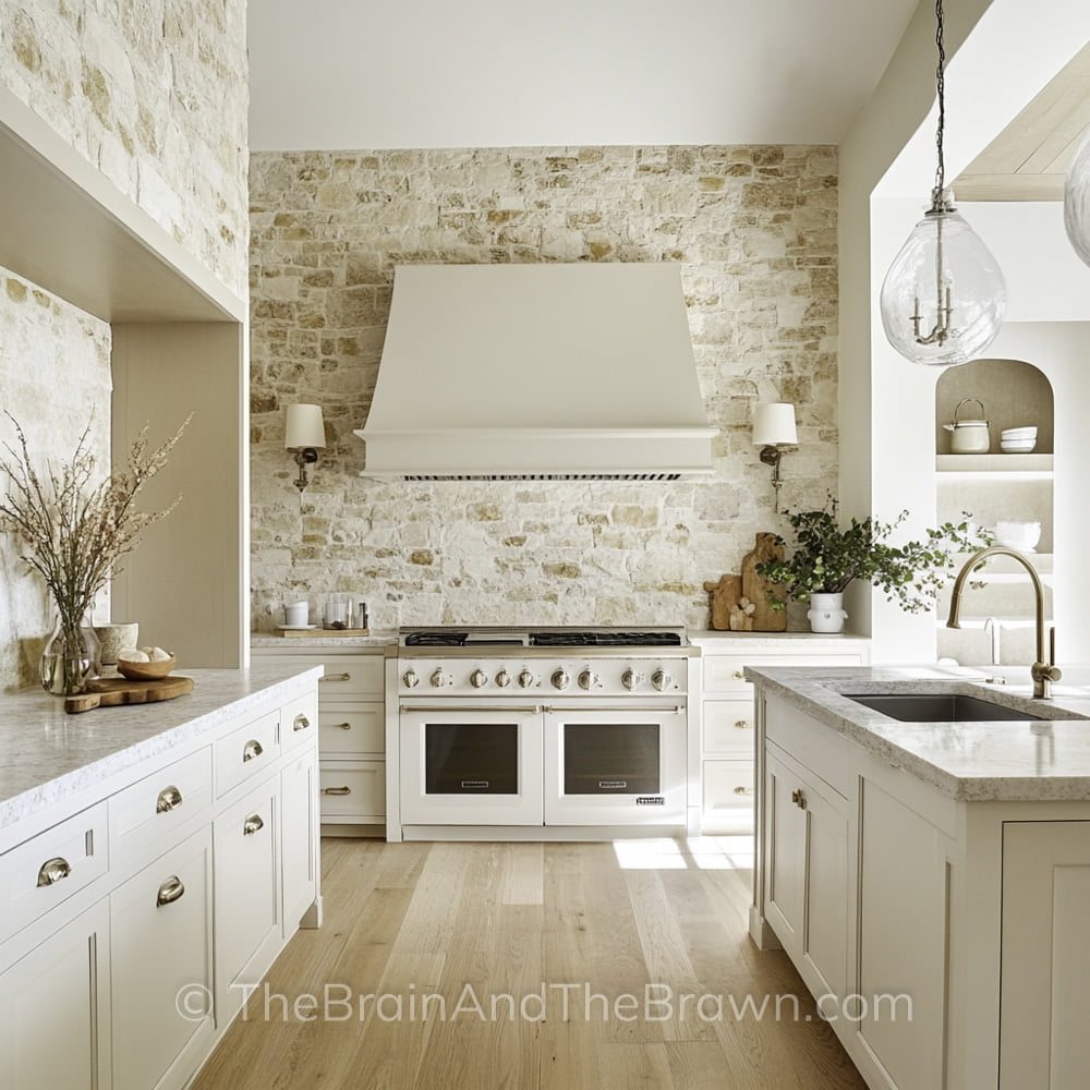 A European style backsplash idea with over grouted stacked stone backsplash, off-white kitchen cabinets and hardwood floors