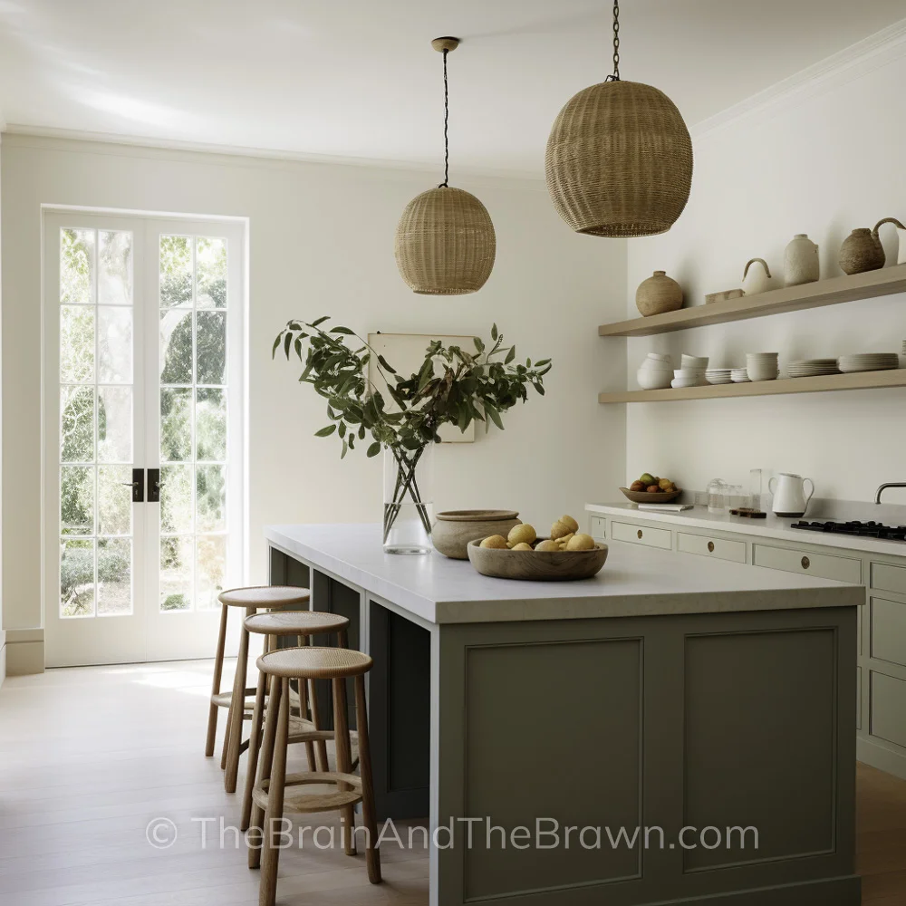 A kitchen with off-white kitchen cabinets, long wood floating shelves, white quartz countertops with a low quartz backsplash