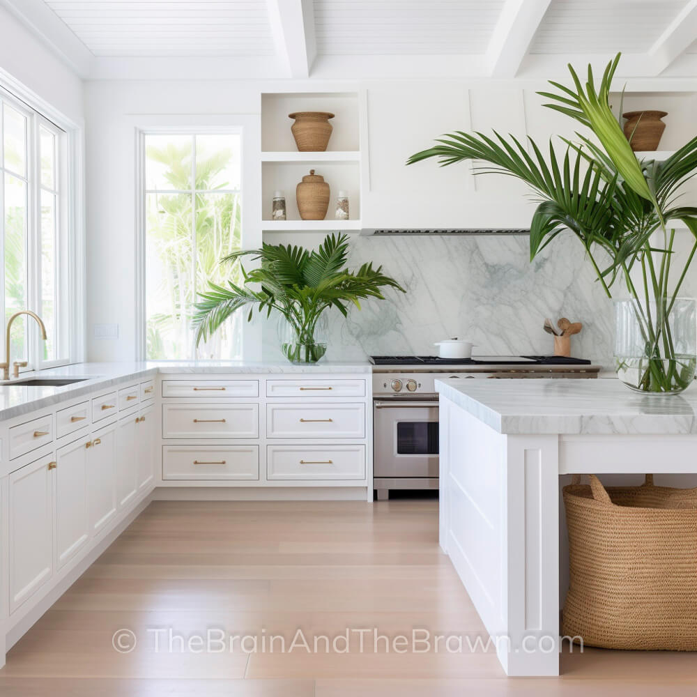 A timeless backsplash idea with white marble countertop and matching white marble backsplash, brass hardware and light hardwood floors