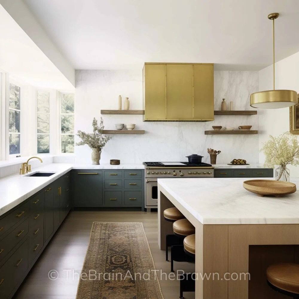 A kitchen with a brass range hood as the focal point, dark perimeter kitchen cabinets, solid surface white quartz countertops and matching backsplash with a wood island