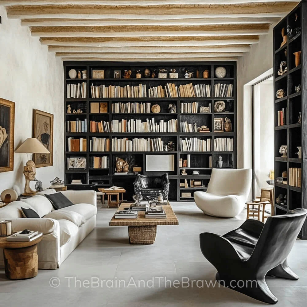 A living room with rustic beams on the ceiling and a full wall of black built-in bookshelves