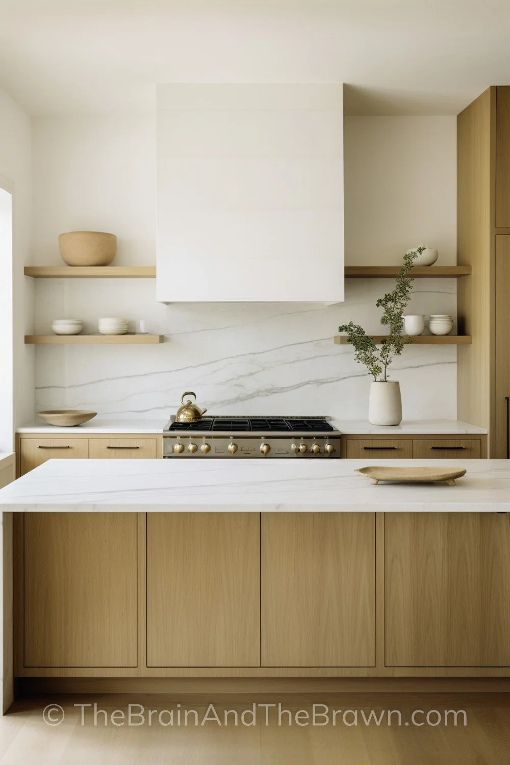 A kitchen with wood cabinets, white stone countertops with matching stone blacksplash and wood shelves