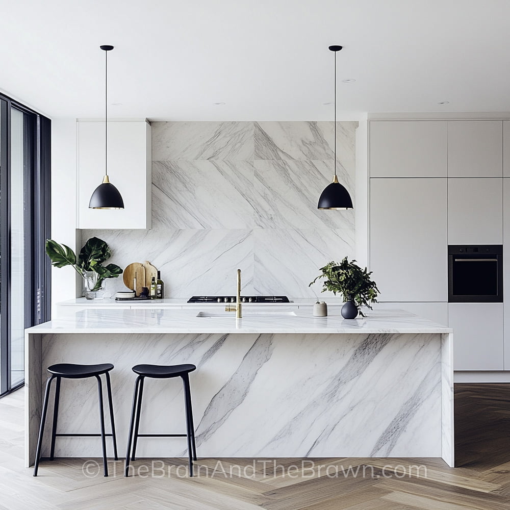 A modern white kitchen with large format porcelain tile backsplash and a large porcelain island