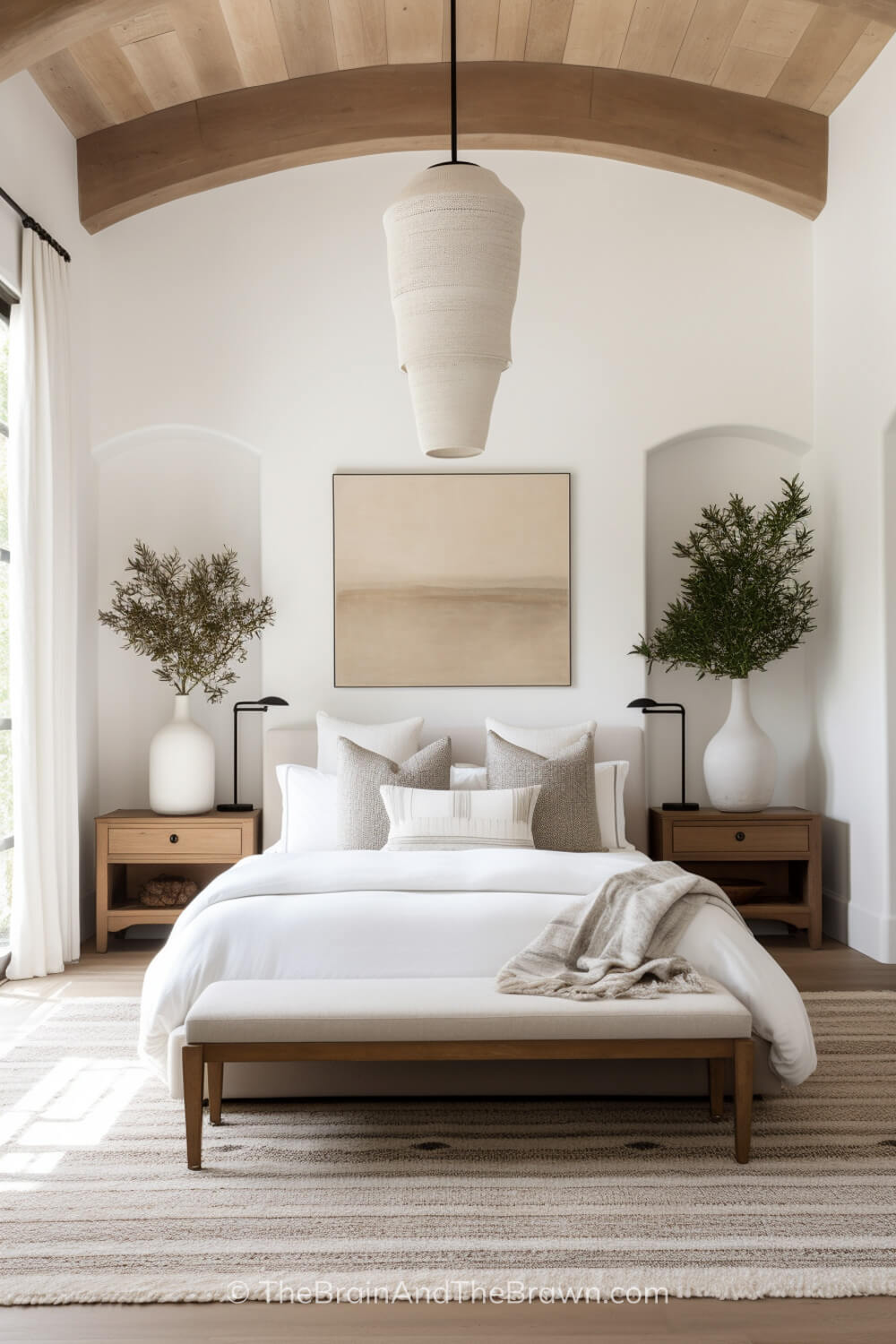 A large, neutral striped rug with a queen upholstered bed, two wooden nightstands, and an upholstered bench. 