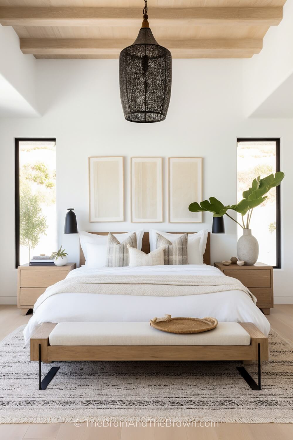 A neutral, textured rug under a wooden bedframe with a wooden and upholstered bench at the end of the bed. Three pieces of neutral art hang above the bed.