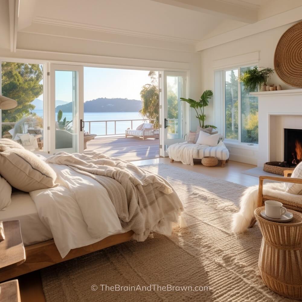 large neutral area rug under queen size bed, creams and white bedroom and ocean view out windows