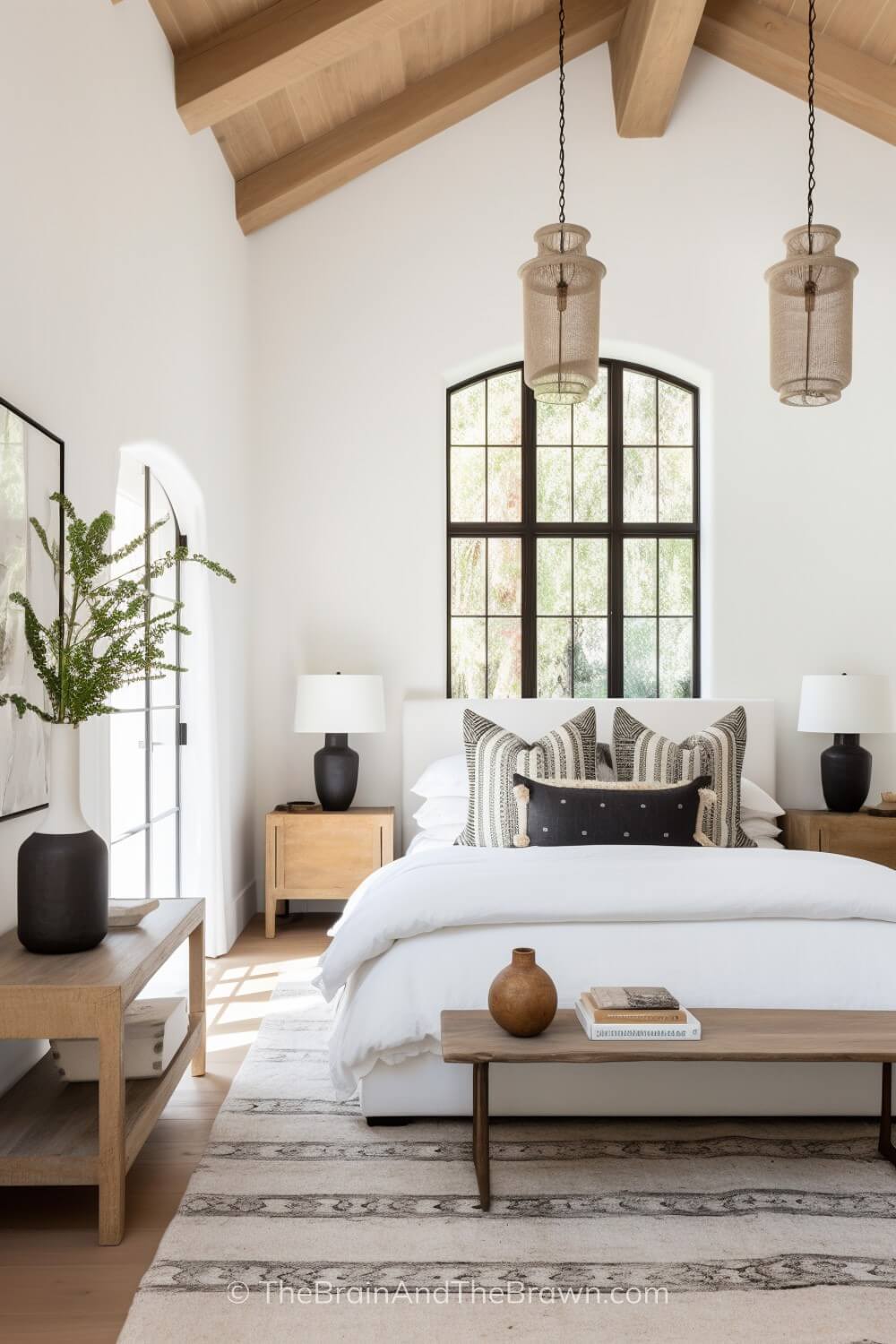 A bedroom with an upholstered bed, wooden bench and two matching wooden nightstands