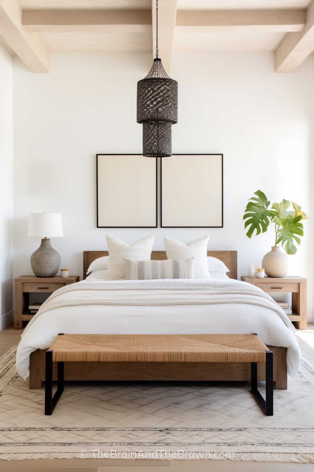 Bedroom with a neutral rug, wooden bedframe and neutral bedding. Two wooden nightstands flank each side of the bed.