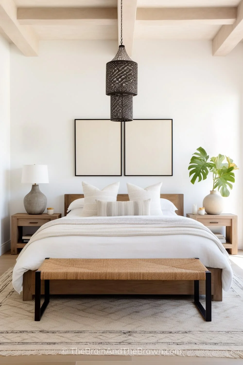 Bedroom with a neutral rug, wooden bedframe and neutral bedding. Two wooden nightstands flank each side of the bed.