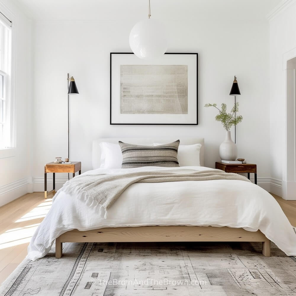 A neutral, small rug under a queen bed with matching wooden nightstands on each side of the bed.