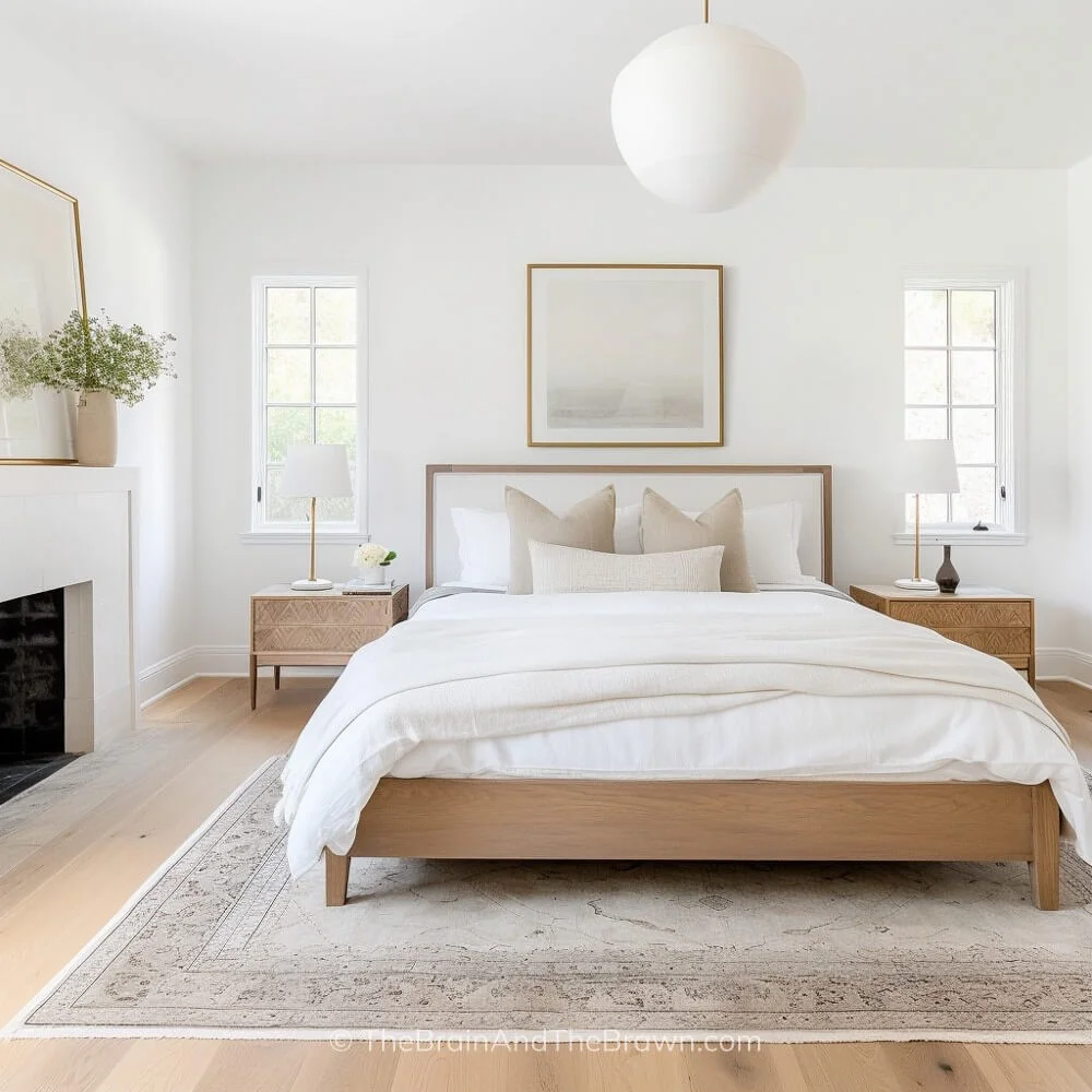 A light and airy bedroom with an upholstered bedframe and neutral bedding. Two wooden nightstands flank the bed